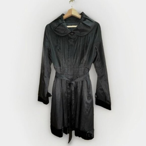CC Couture Fitted Ruffle Collar Wrap Belted Satin Velvet Black Jacket Size Small - Picture 1 of 14